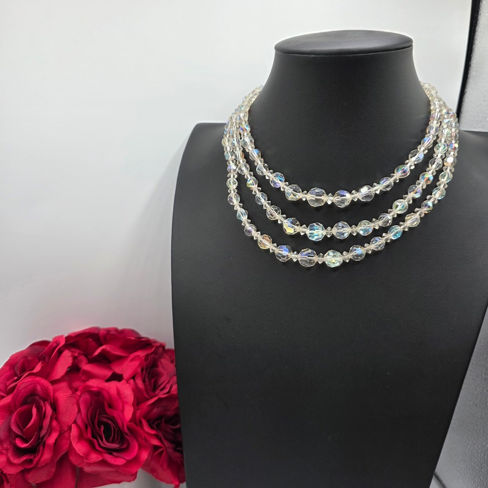 Vintage Triple Strand Aurora Borealis Crystal Bead Necklace Rhinestone Clasp